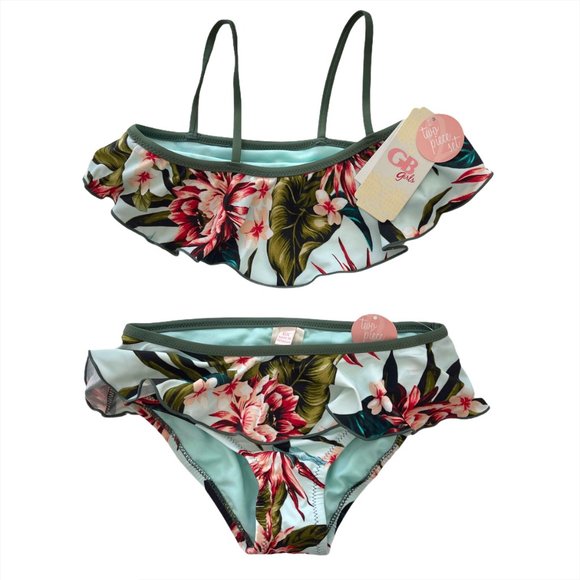 KIDS GIRLS Blue Red Hawaiian Floral Bikini Swim – Size 16